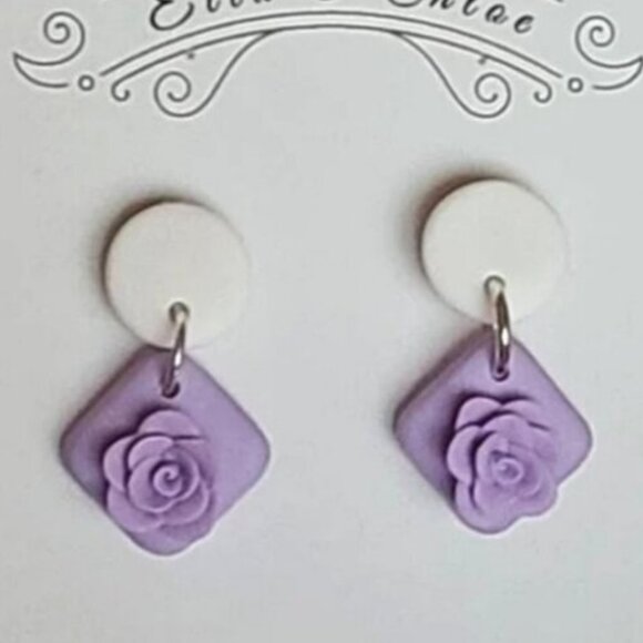 Summer Spring White Purple Colourblock Clay Floral Drop Flower Dangle Earrings - Picture 1 of 5